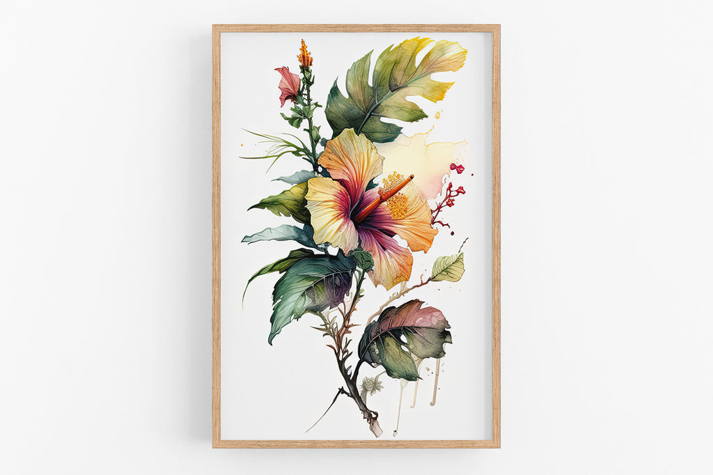 The image is a framed watercolor painting depicting a vibrant and colorful floral arrangement with various types of flowers and leaves.