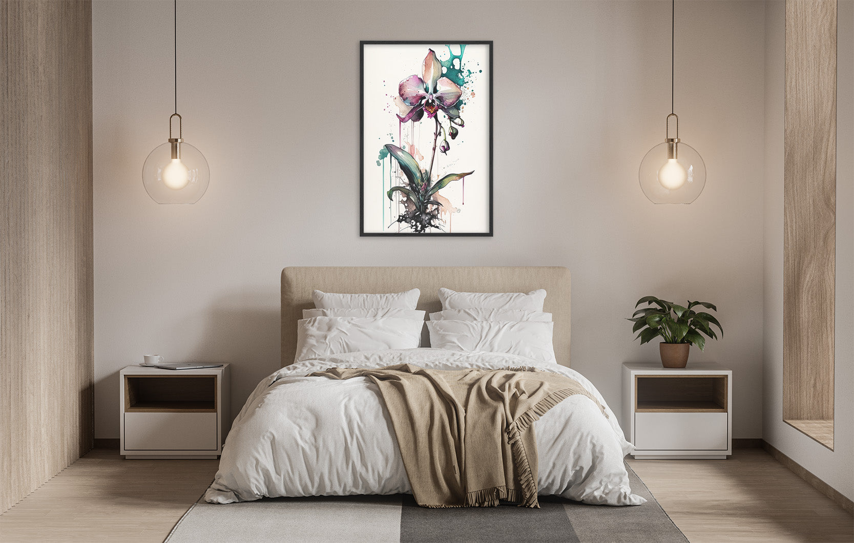 a serene and modern bedroom with a large bed, white bedding, and a framed painting of a colorful orchid hanging above it. The room is illuminated by two pendant lights, creating a warm and inviting atmosphere.