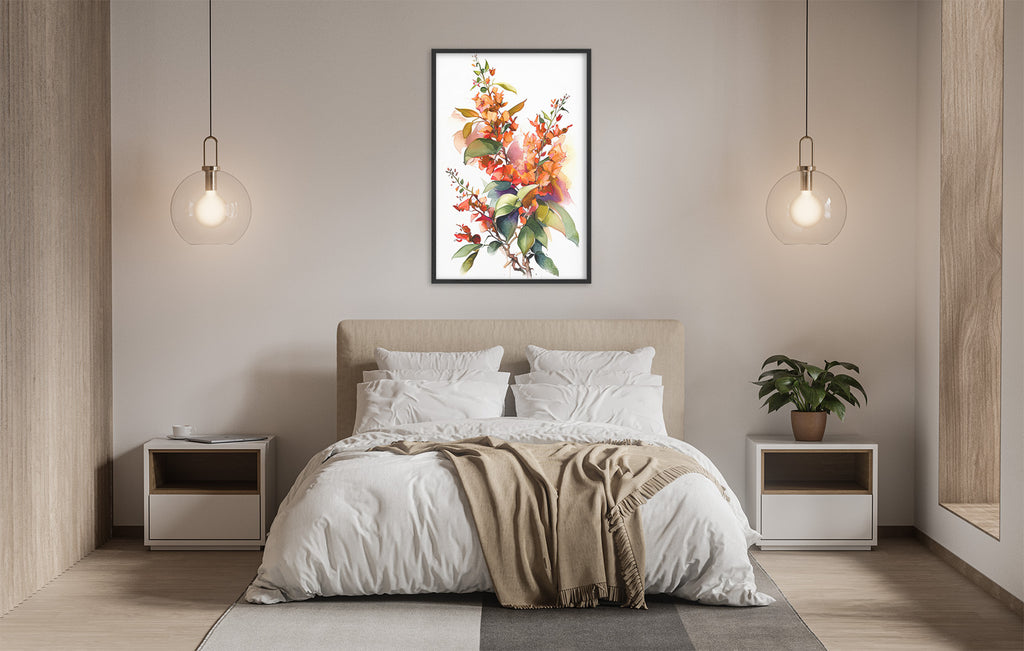a serene and modern bedroom with a large bed, white bedding, and a framed floral artwork hanging above it. The room is illuminated by two pendant lights, creating a warm and inviting atmosphere.