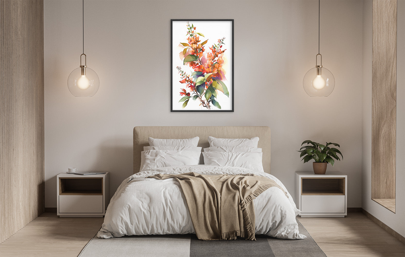 a serene and modern bedroom with a large bed, white bedding, and a framed floral artwork hanging above it. The room is illuminated by two pendant lights, creating a warm and inviting atmosphere.