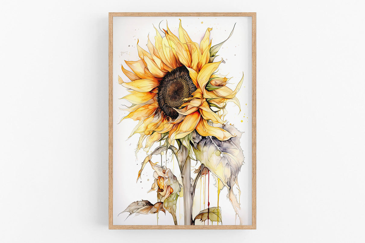 The image is a framed print depicting a vibrant sunflower with its large, yellow petals and dark center.