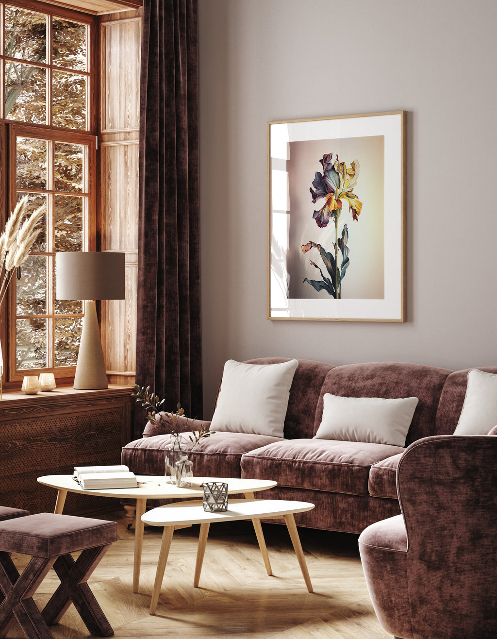 a cozy living room with a large window, a brown sofa, a wooden coffee table, and a framed painting of a flower on the wall.