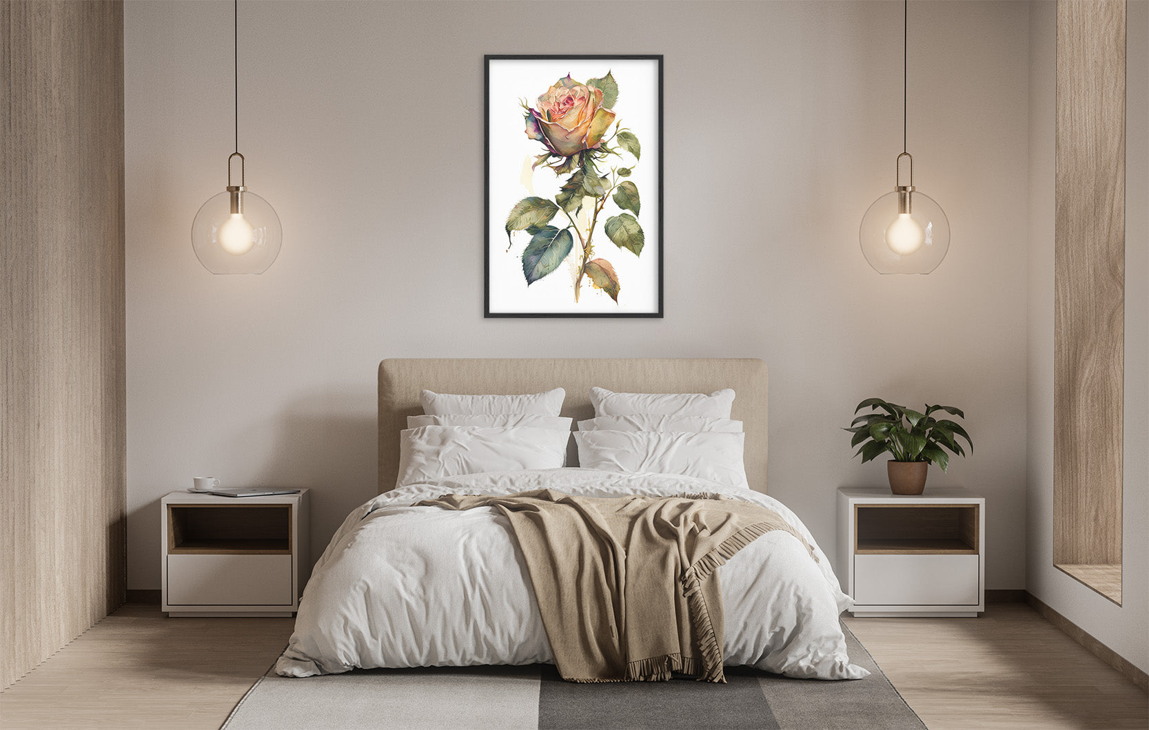 a serene and cozy bedroom with a large bed, white bedding, and a framed painting of a rose hanging above it. The room has a warm and inviting atmosphere, with pendant lights hanging above the bed and a plant on one side.