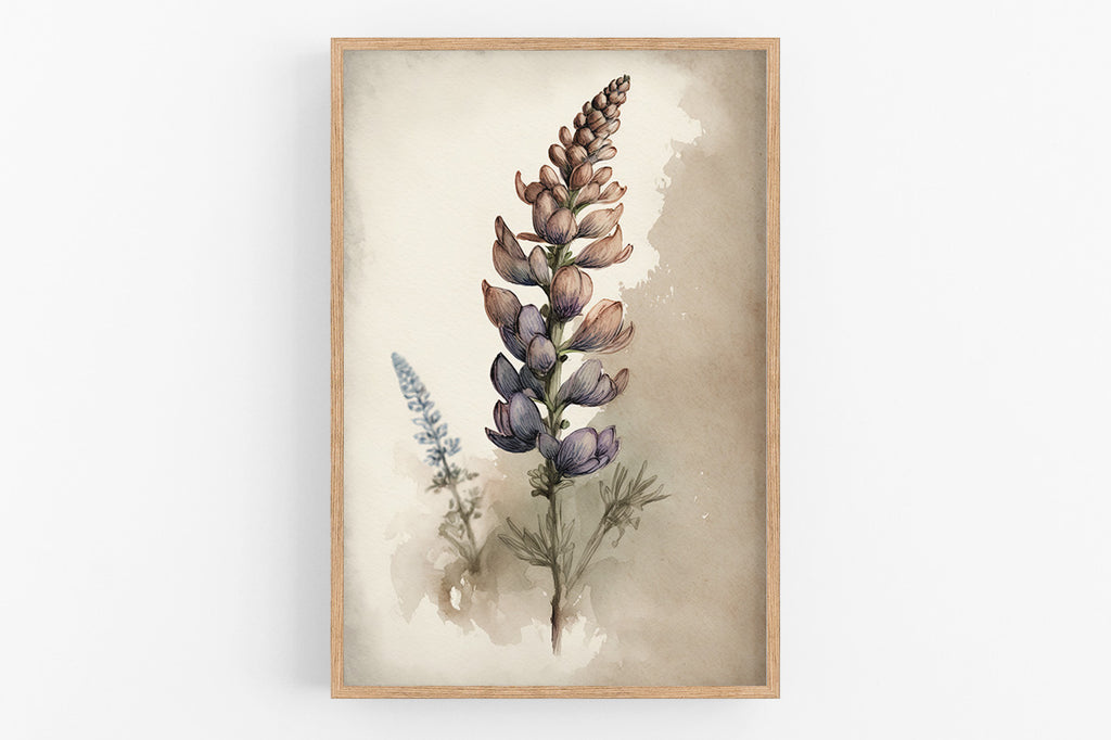 The image is a framed print depicting a close-up of a tall flower with multiple layers of petals, showcasing the intricate details and textures of the plant.
