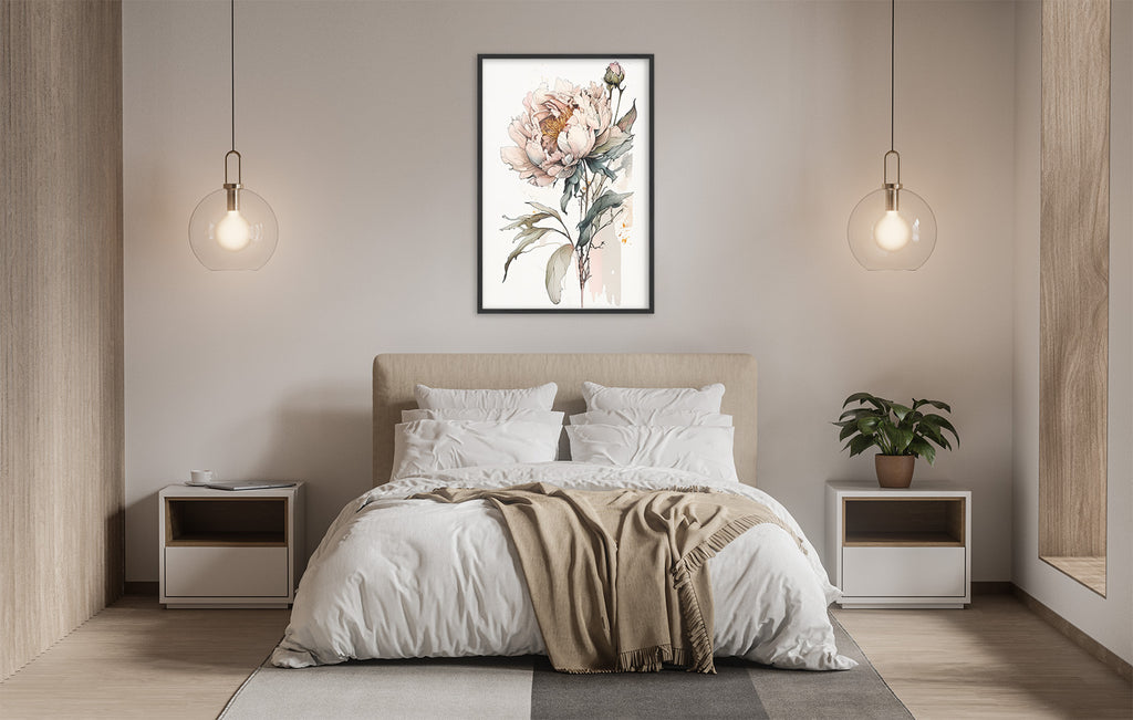 a serene and modern bedroom with a large bed, white bedding, and a framed floral artwork hanging above it. The room is illuminated by two pendant lights, creating a warm and inviting atmosphere.