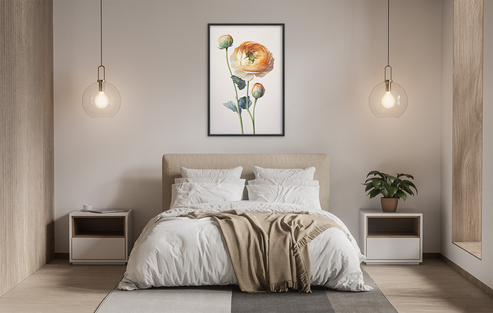 a serene and modern bedroom with a large bed, white bedding, and a framed painting of a flower on the wall. The room is illuminated by two pendant lights hanging above the bed, creating a warm and inviting atmosphere.