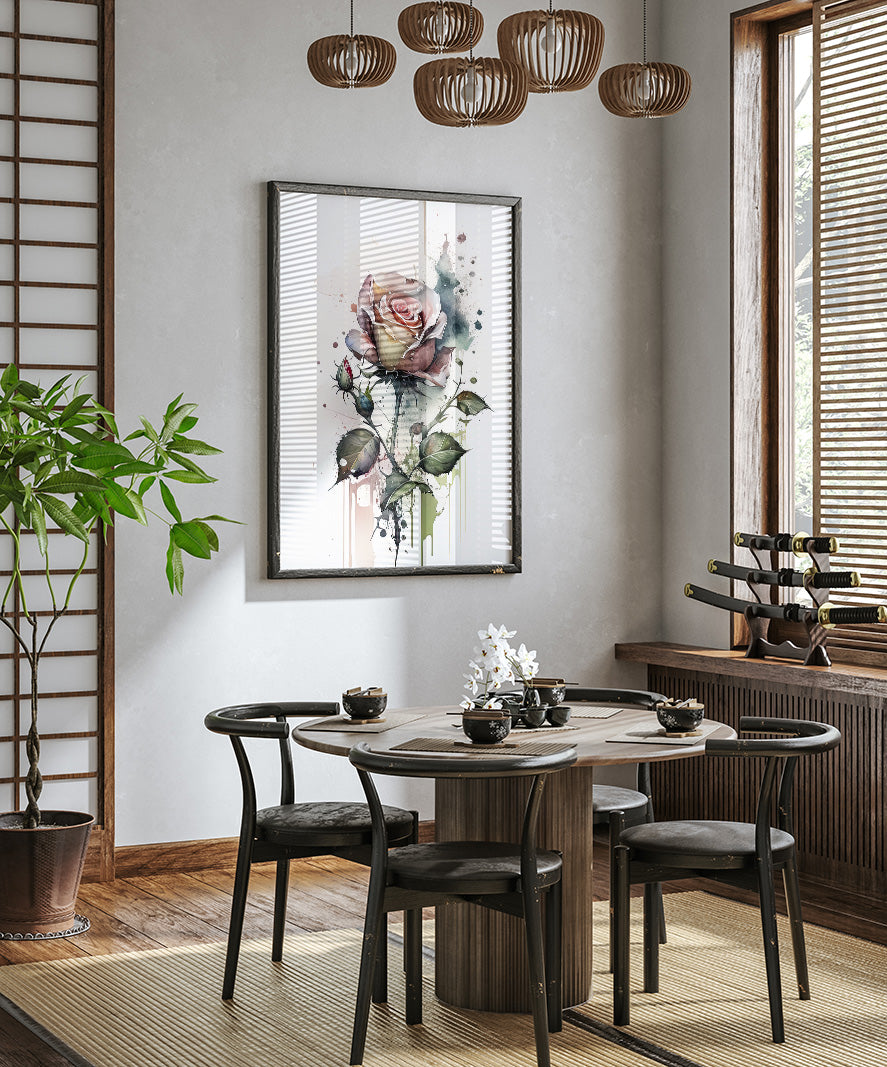 a modern dining room with a wooden table and chairs, a large floral painting on the wall, and a potted plant in the corner.