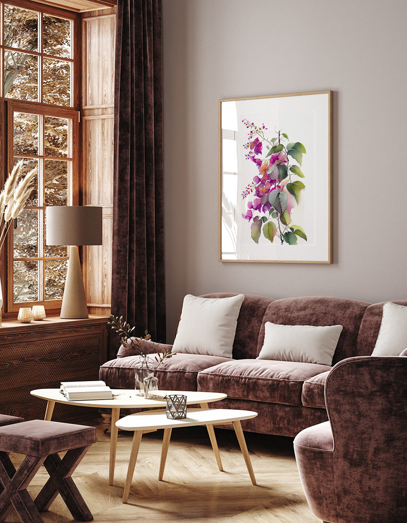 a cozy living room with a large window, a brown sofa, a coffee table, and a framed painting of flowers on the wall.