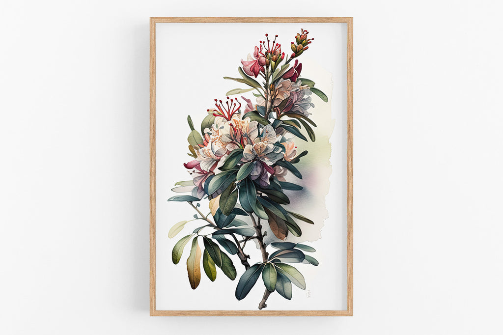 The image is a framed print depicting a vibrant and lush floral arrangement with various flowers and leaves.
