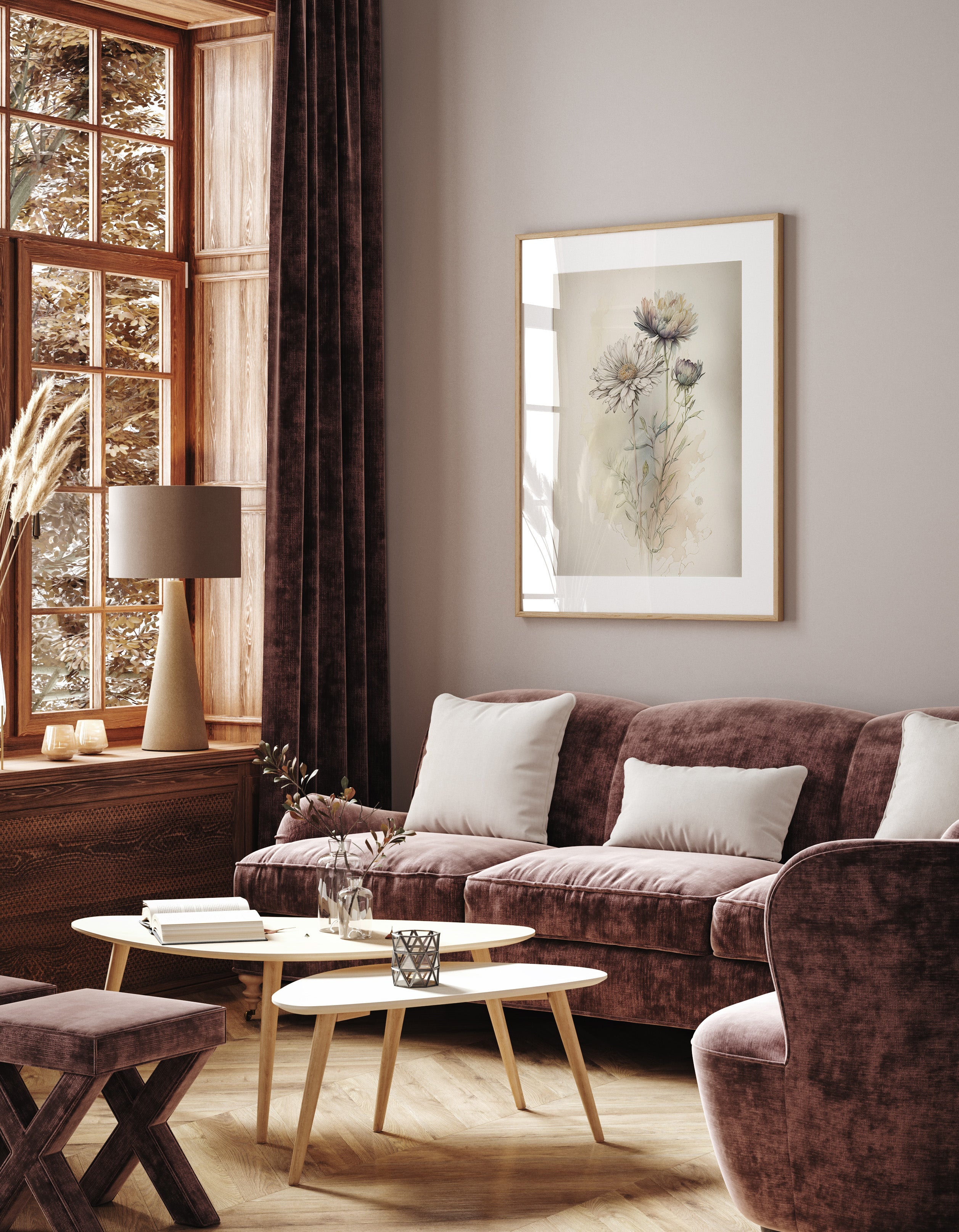 a cozy living room with a large window, a brown sofa, a wooden coffee table, and a framed artwork on the wall.