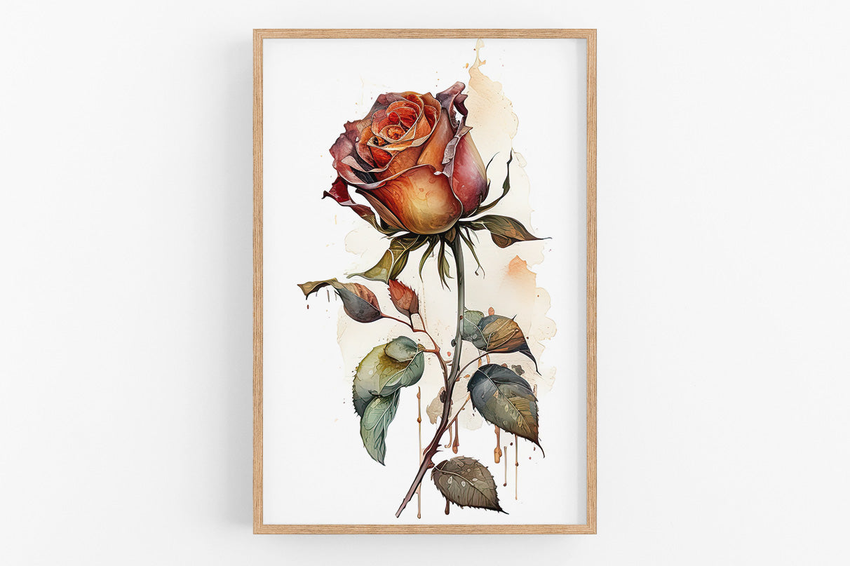 A framed watercolor painting depicting a vibrant red rose with green leaves and stems.