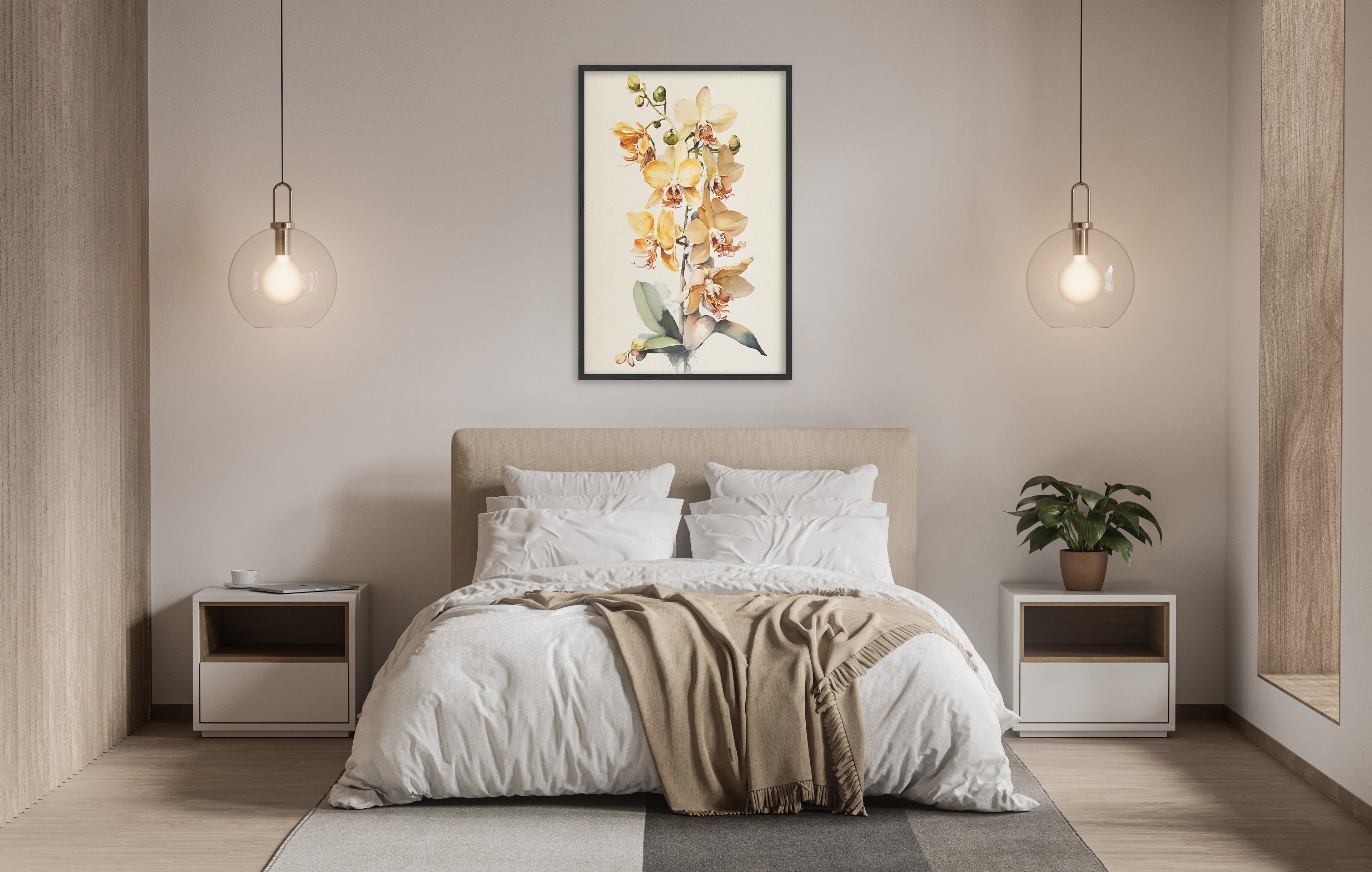 a serene and modern bedroom with a large bed, white bedding, and a framed picture of a flower hanging above it. The room is illuminated by two pendant lights, creating a warm and inviting atmosphere.