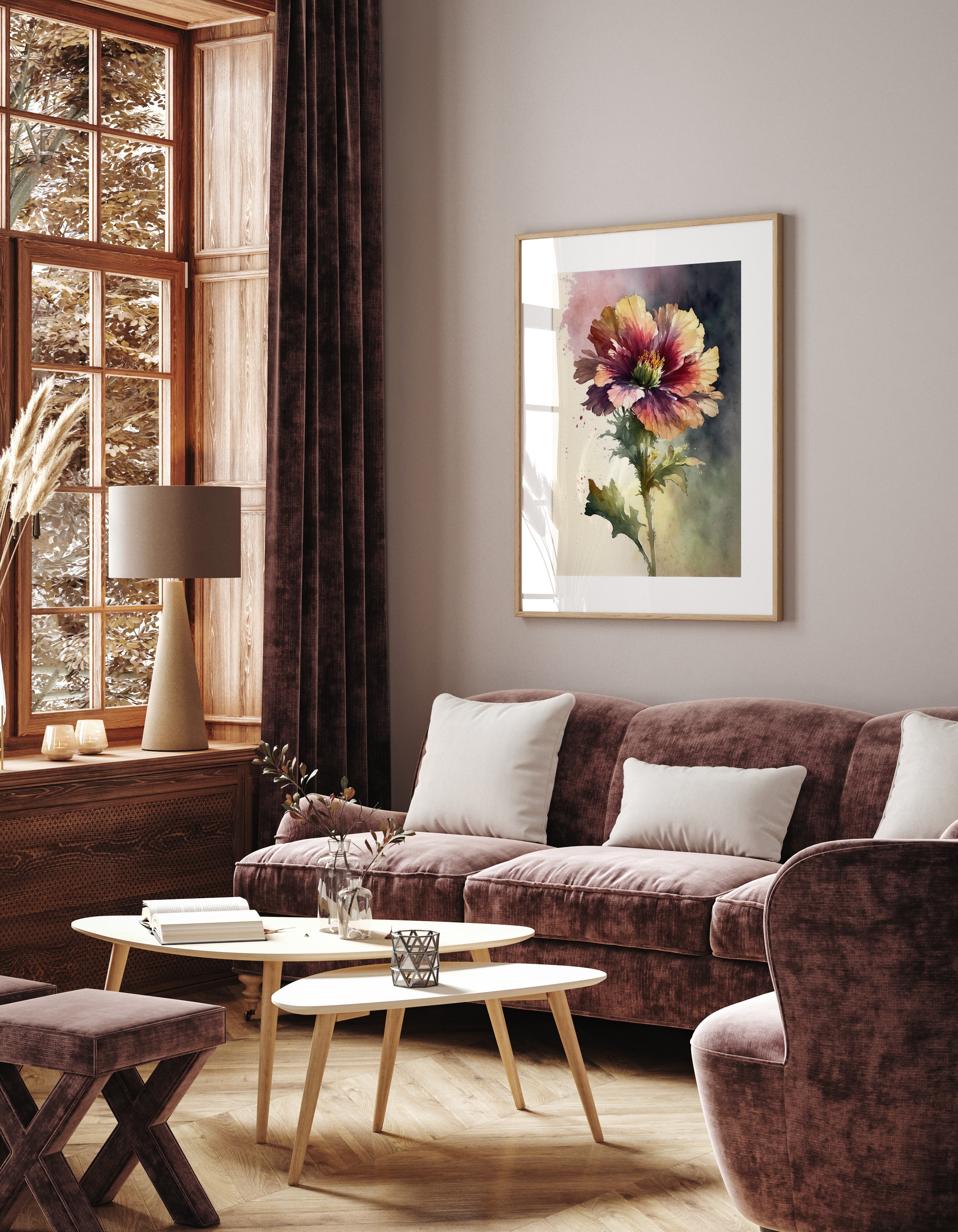 a cozy living room with a large window, a painting of a flower on the wall, a brown sofa, a wooden coffee table, and a lamp.