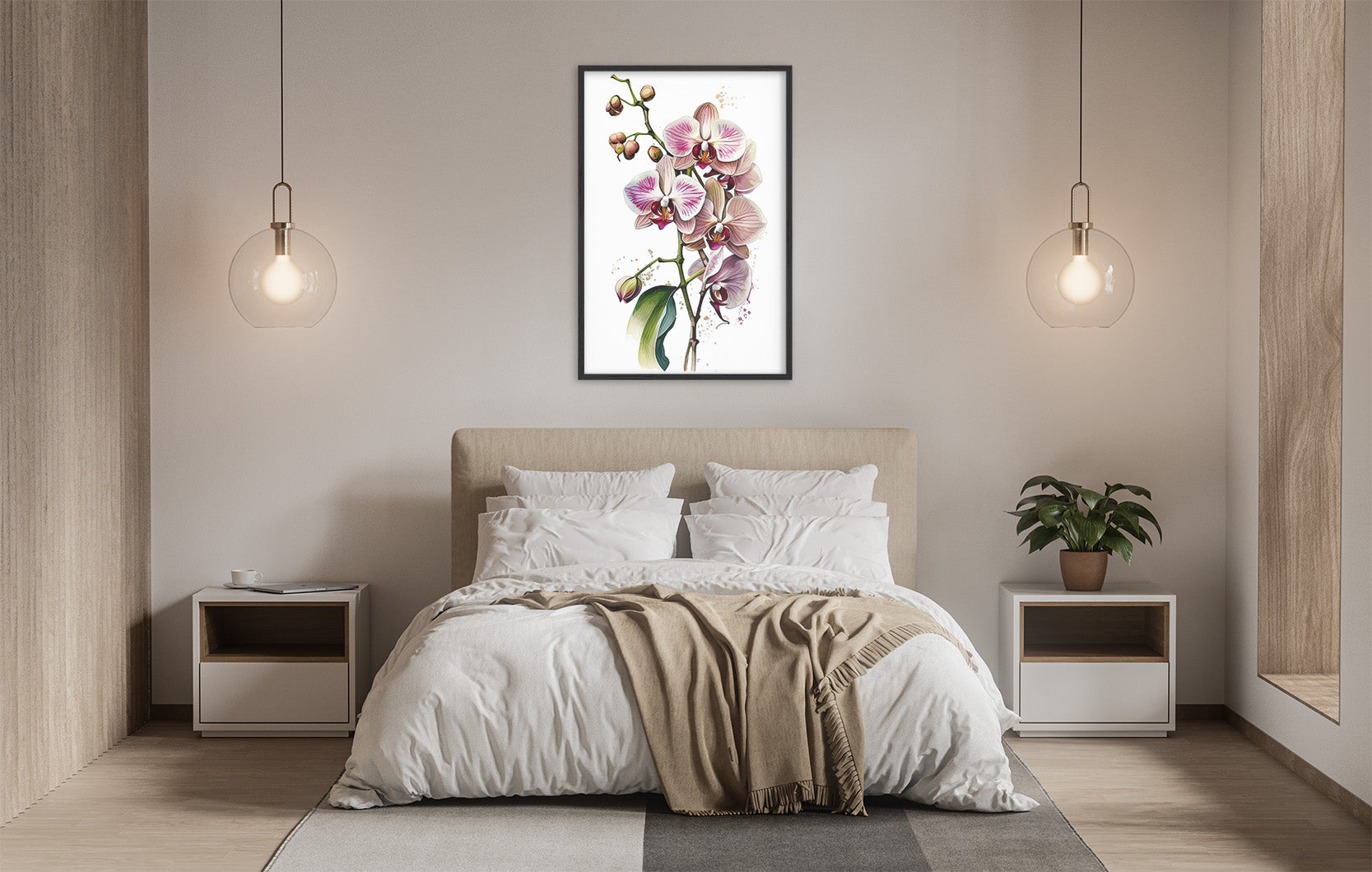 a serene and modern bedroom with a large bed, white bedding, and a framed painting of orchids hanging above it. The room is illuminated by two pendant lights, creating a warm and inviting atmosphere.