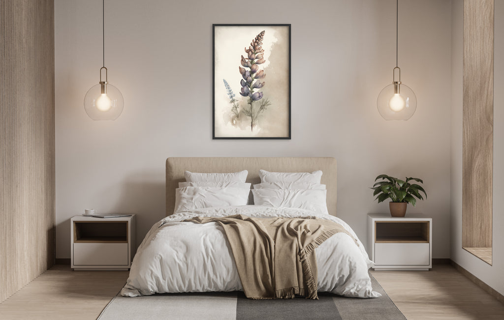 a serene and modern bedroom with a large bed, white bedding, and a framed artwork of a flower on the wall. The room is illuminated by two pendant lights hanging above the bed, creating a warm and inviting atmosphere.