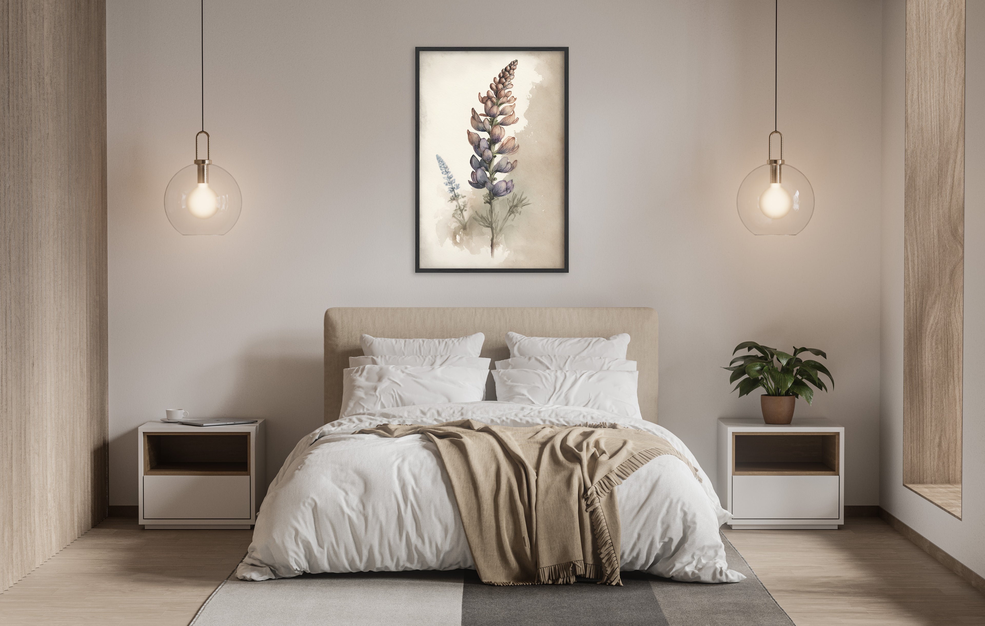 a serene and modern bedroom with a large bed, white bedding, and a framed artwork of a flower on the wall. The room is illuminated by two pendant lights hanging above the bed, creating a warm and inviting atmosphere.