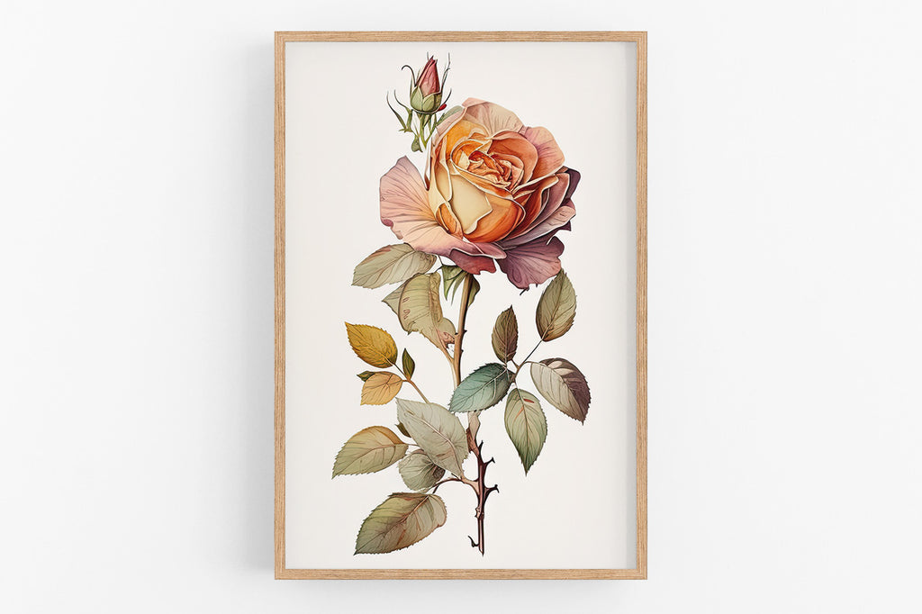 The image is a framed print depicting a vibrant, detailed illustration of a rose with its petals and leaves.