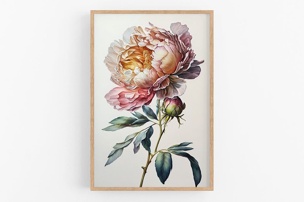 A framed painting depicting a large, vibrant peony flower with delicate petals in shades of pink and orange, surrounded by lush green leaves.