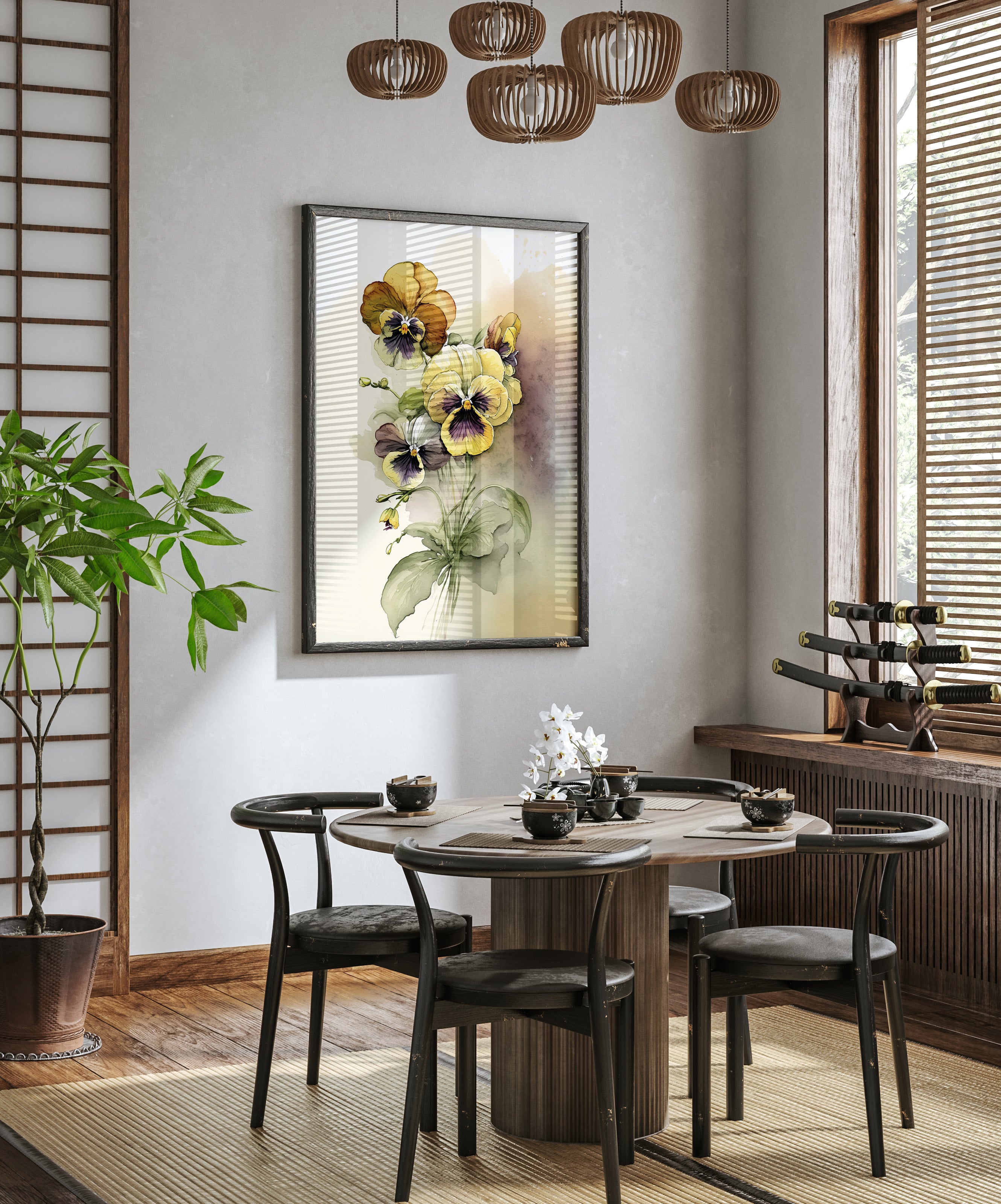 a modern dining room with a round wooden table, black chairs, and a large framed painting of yellow and purple flowers hanging on the wall above the table.