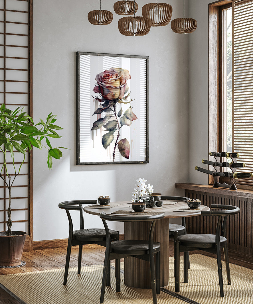 a modern dining room with a wooden table and chairs, a large framed rose painting on the wall, and a potted plant on the left side.