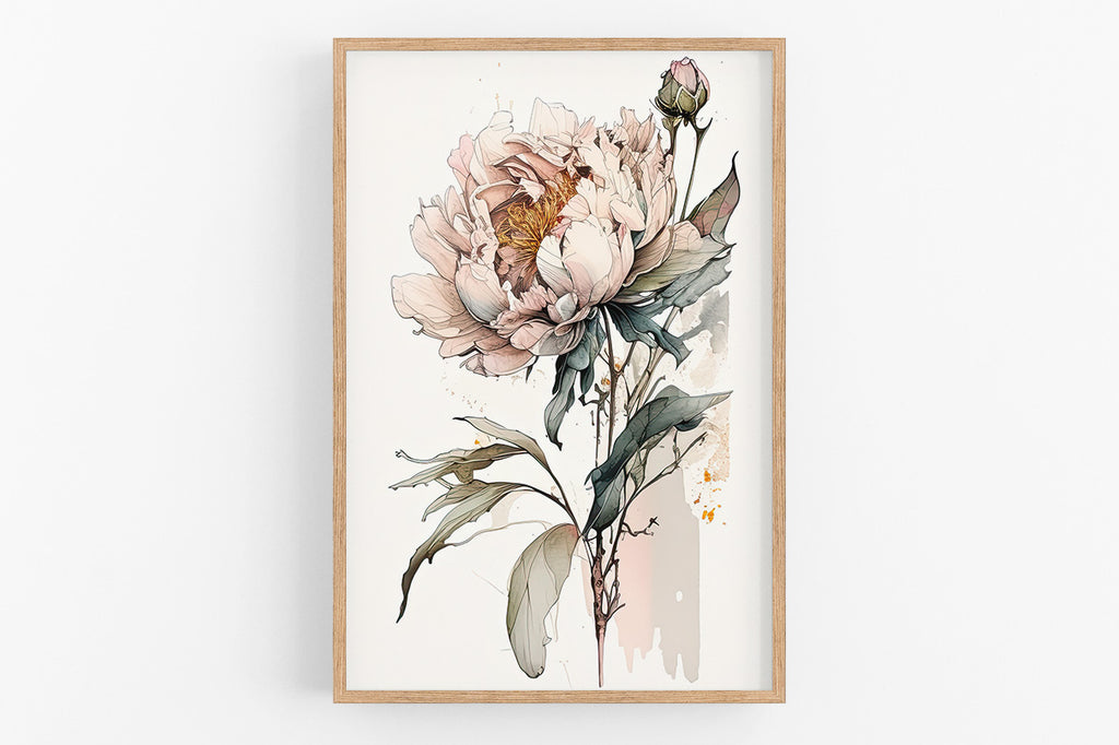 The image is a framed print depicting a large, detailed illustration of a pink peony flower with green leaves.