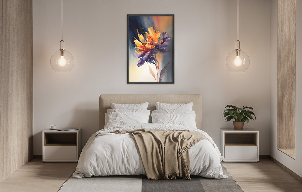 a serene and modern bedroom with a large bed, white bedding, and a framed painting of a vibrant flower hanging above it. The room is illuminated by two pendant lights, creating a warm and inviting atmosphere.