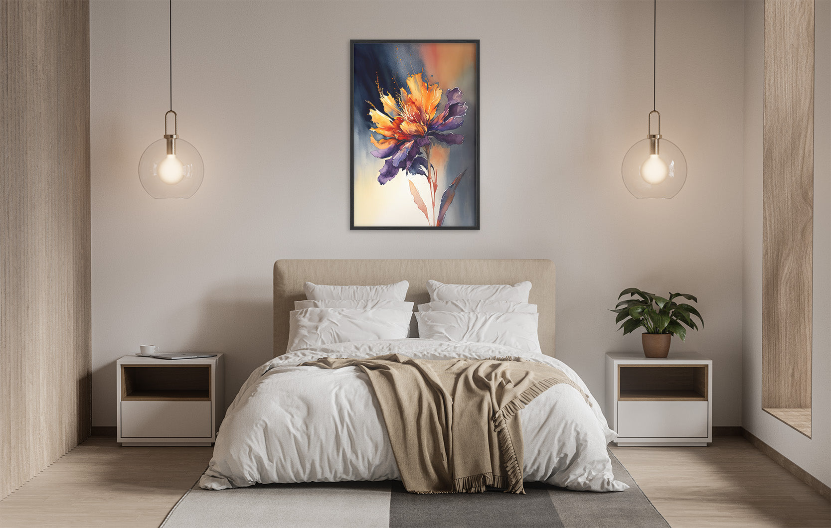 a serene and modern bedroom with a large bed, white bedding, and a framed painting of a vibrant flower hanging above it. The room is illuminated by two pendant lights, creating a warm and inviting atmosphere.