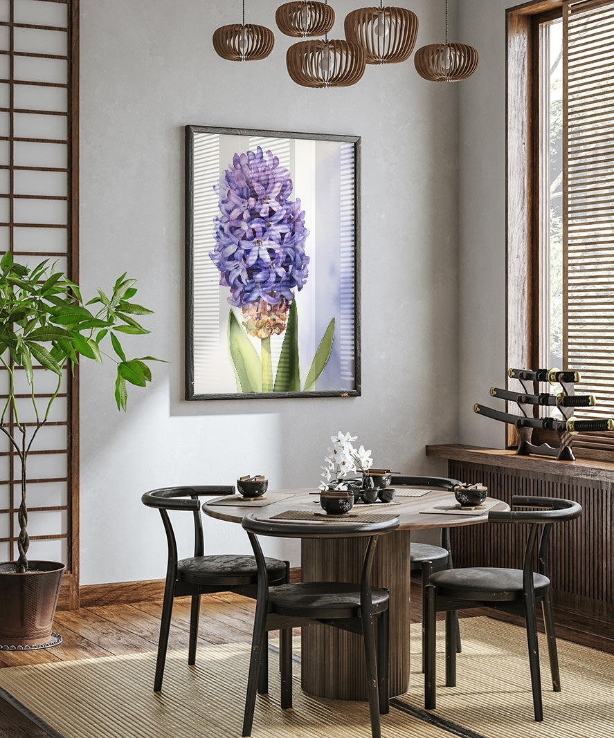 a modern dining room with a wooden table and chairs, a large framed picture of a purple flower hanging on the wall, and a potted plant on the left side of the room.