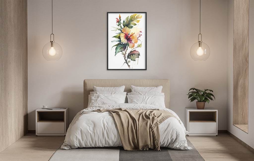 a serene and modern bedroom with a large bed, white bedding, and a framed painting of a floral arrangement hanging above it. The room is illuminated by two pendant lights, creating a warm and inviting atmosphere.