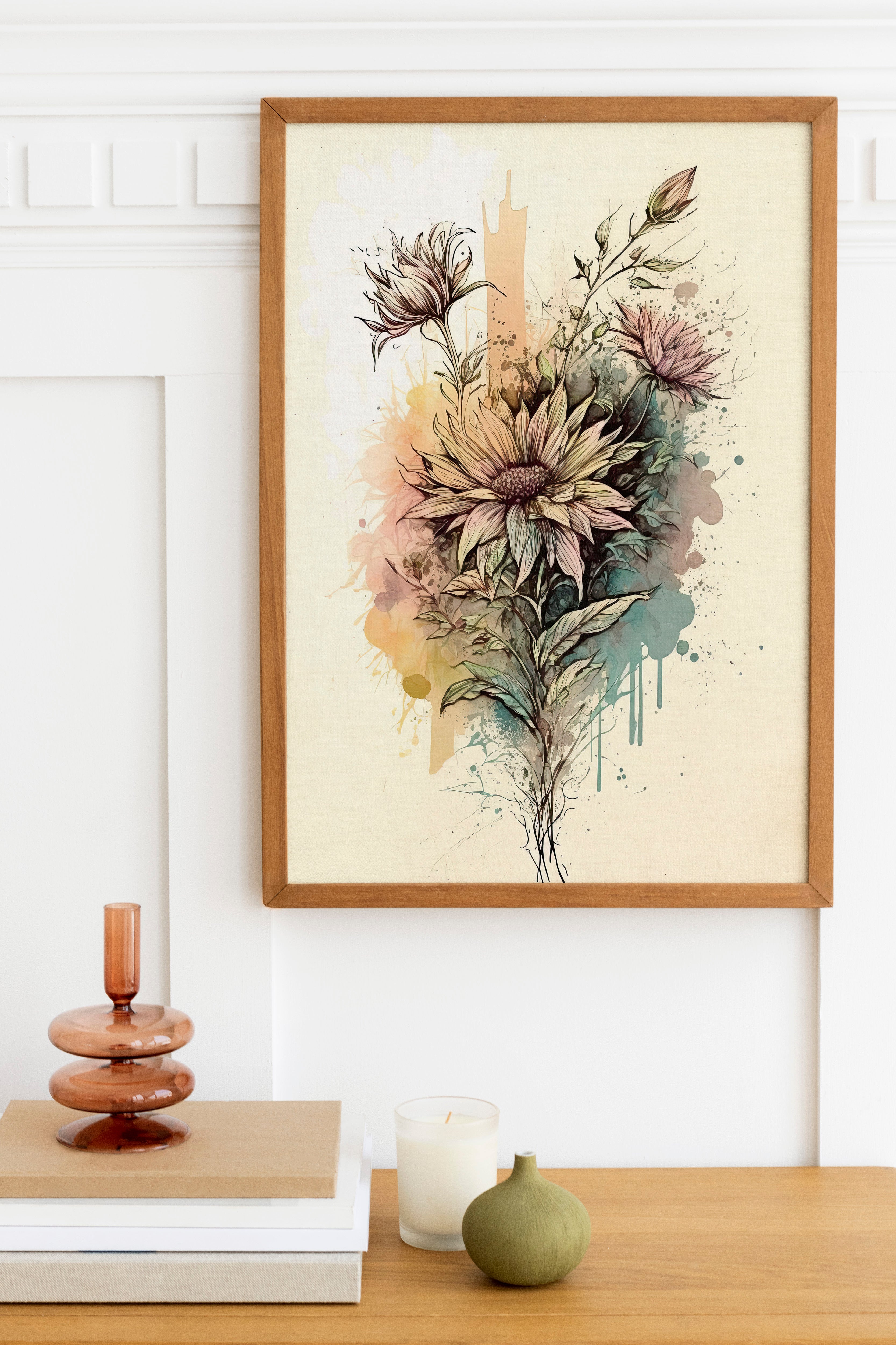 a framed painting of a floral arrangement hanging on a wall above a wooden table with various decorative items on it.