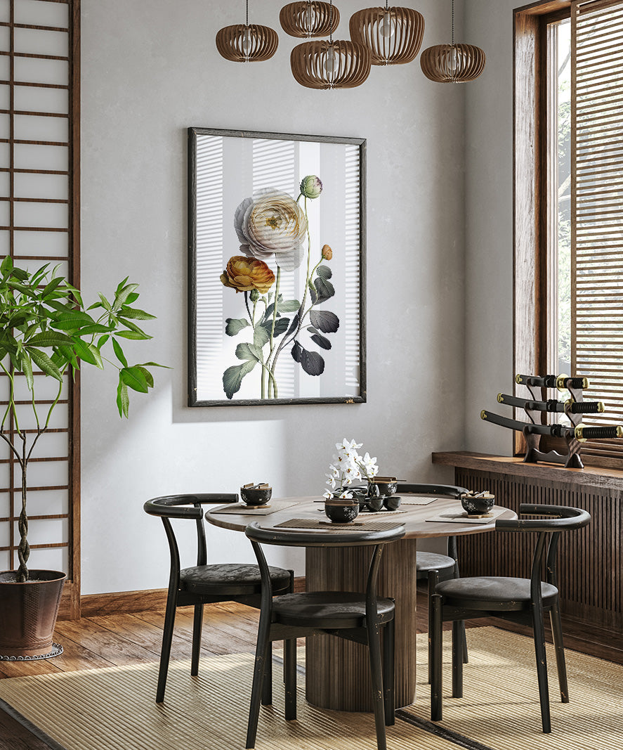 a modern dining room with a round wooden table surrounded by black chairs. A large floral painting hangs on the wall above the table, and a chandelier hangs from the ceiling. The room is decorated with various plants and other decorative elements, creating a cozy and inviting atmosphere.