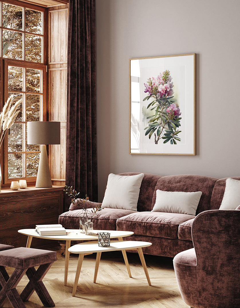a cozy living room with a large window, a brown sofa, a wooden coffee table, and a framed painting of flowers on the wall.
