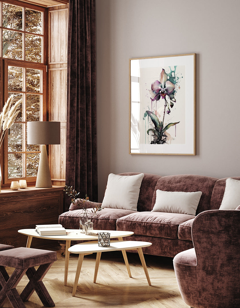 a cozy living room with a large window, a brown sofa, a wooden coffee table, and a framed painting of a purple orchid on the wall.
