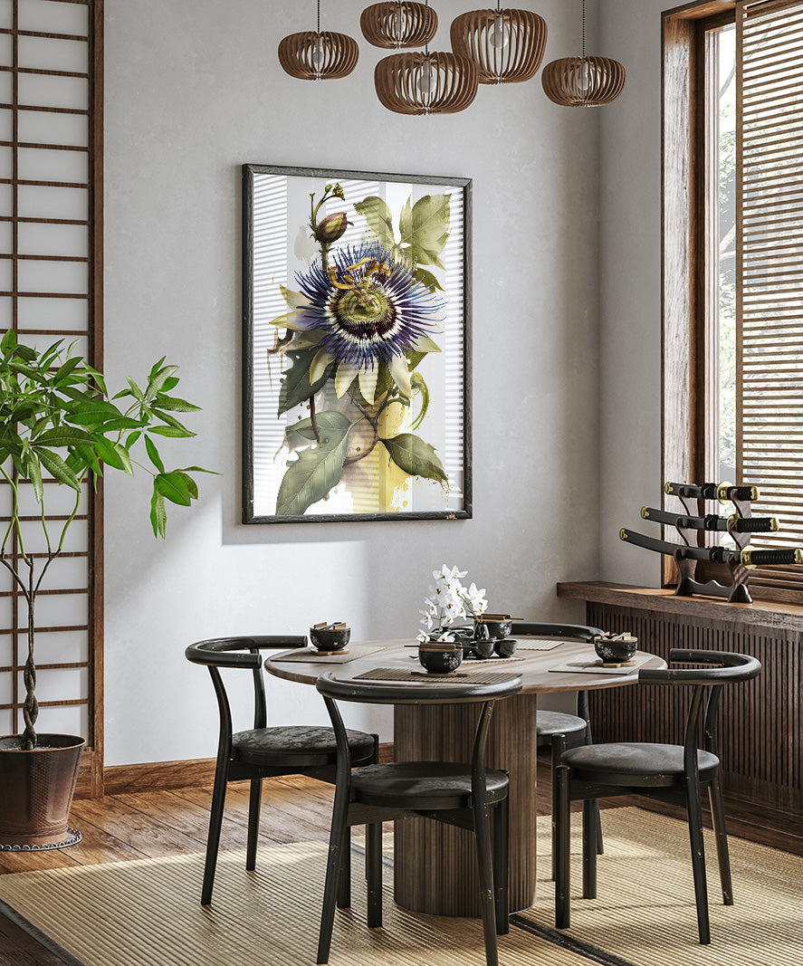 a modern dining room with a round wooden table surrounded by black chairs. A large floral painting hangs on the wall above the table, and a potted plant is placed on the left side of the room. The room has a minimalist and elegant design, with a chandelier hanging from the ceiling and a window with blinds on the right side.