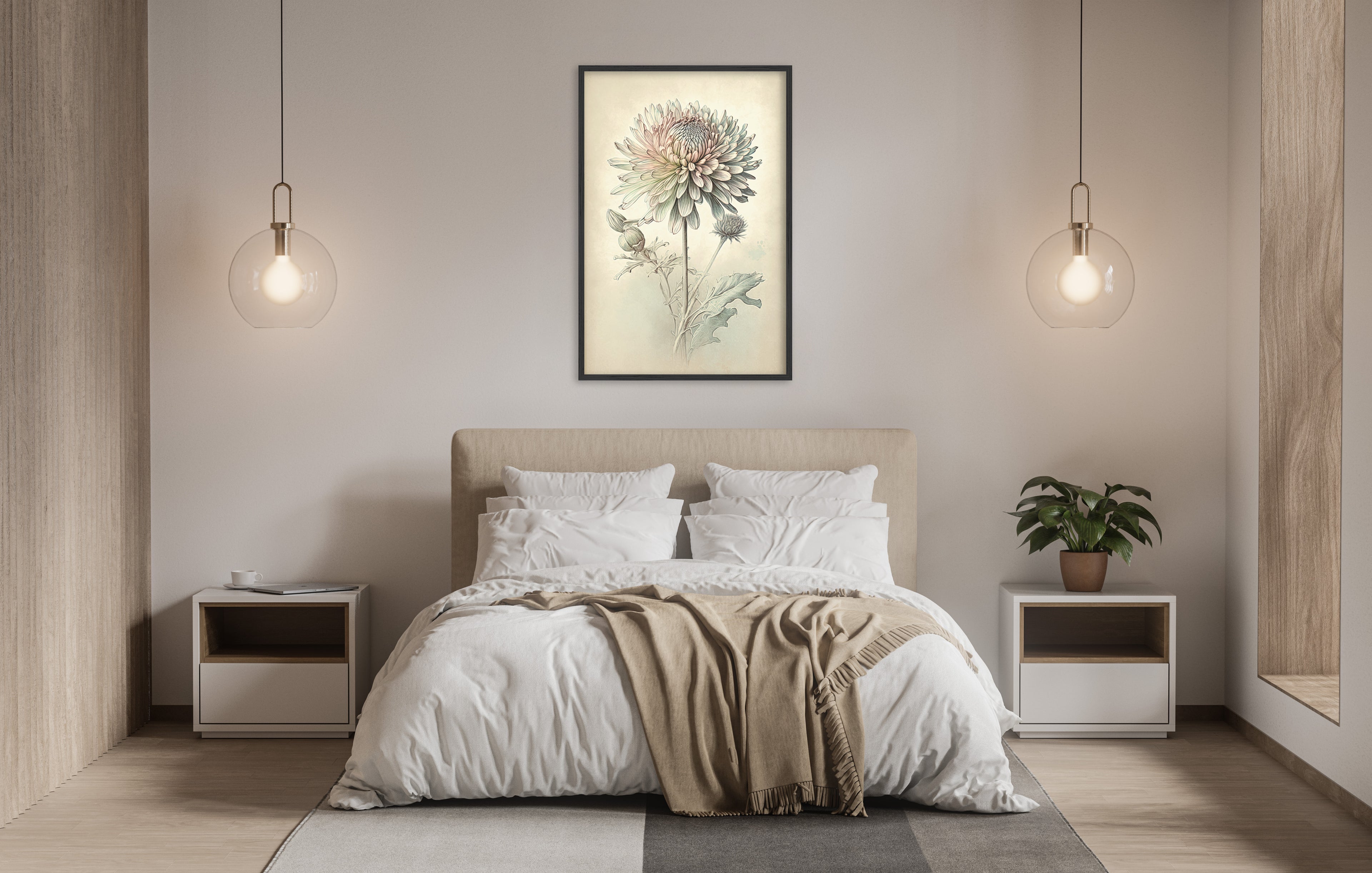 a serene and modern bedroom with a large bed, white bedding, and a framed botanical print hanging above it. The room is illuminated by two pendant lights, creating a warm and inviting atmosphere.