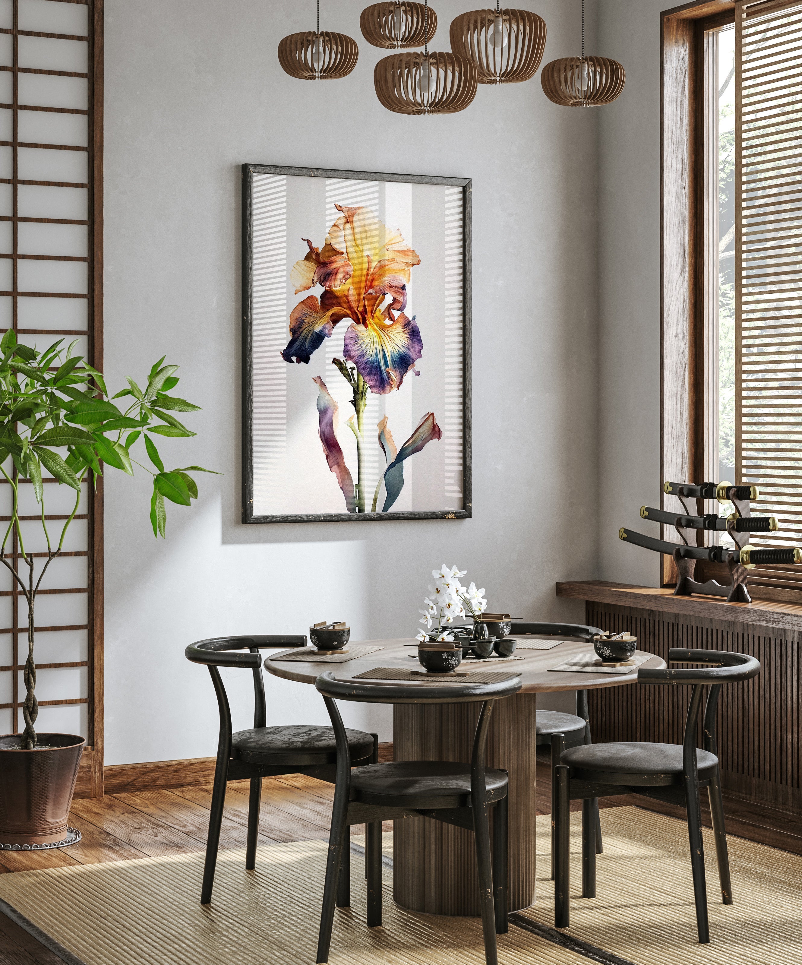 a modern dining room with a round wooden table surrounded by black chairs. A large, colorful painting of a flower hangs on the wall above the table. The room is decorated with wooden furniture, including a wooden cabinet and a wooden shelf. A potted plant is placed on the floor, and a window with blinds allows natural light to enter the space.
