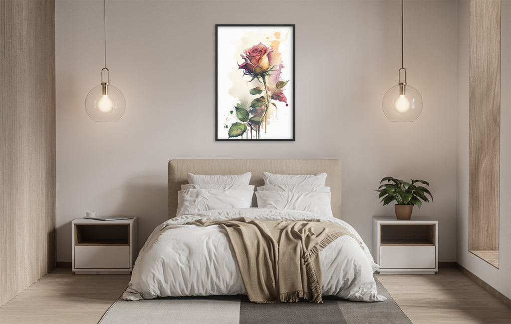 a serene and modern bedroom with a large bed, white bedding, and a framed painting of a rose hanging above it. The room is illuminated by two pendant lights, creating a warm and inviting atmosphere.