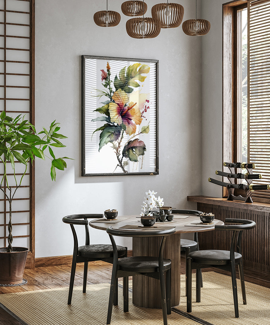 a modern dining room with a round wooden table surrounded by black chairs. A large floral painting hangs on the wall above the table, and a chandelier hangs from the ceiling. The room is decorated with various plants and other decorative elements, creating a cozy and inviting atmosphere.