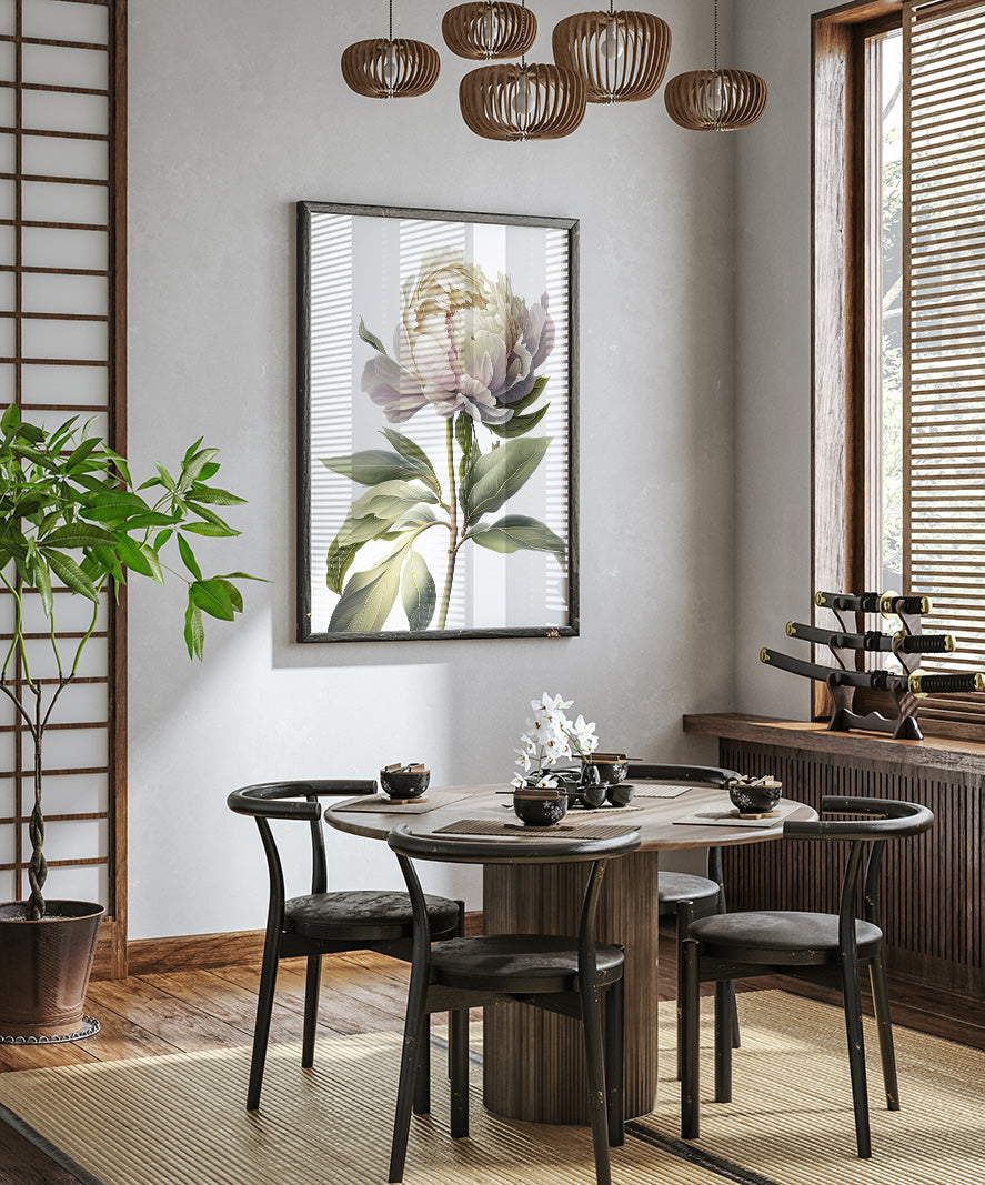 a modern dining room with a round wooden table, black chairs, and a large floral painting hanging on the wall above the table.