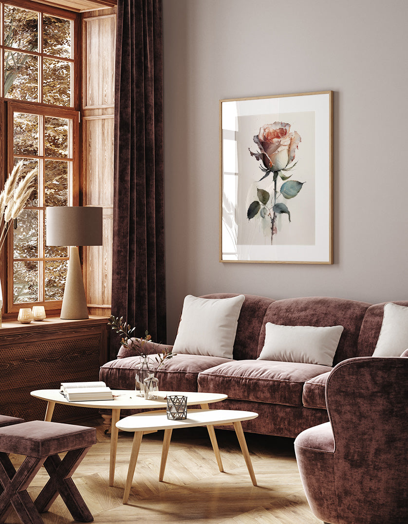 a cozy living room with a large window, a plush couch, a coffee table, and a framed artwork of a rose on the wall.