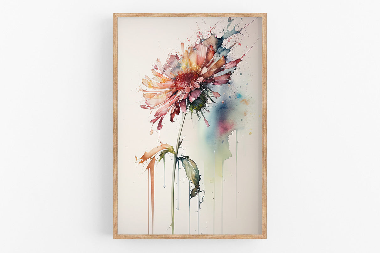 The image is a framed watercolor painting depicting a vibrant, colorful flower with a large center surrounded by petals in various shades of pink, orange, and yellow.