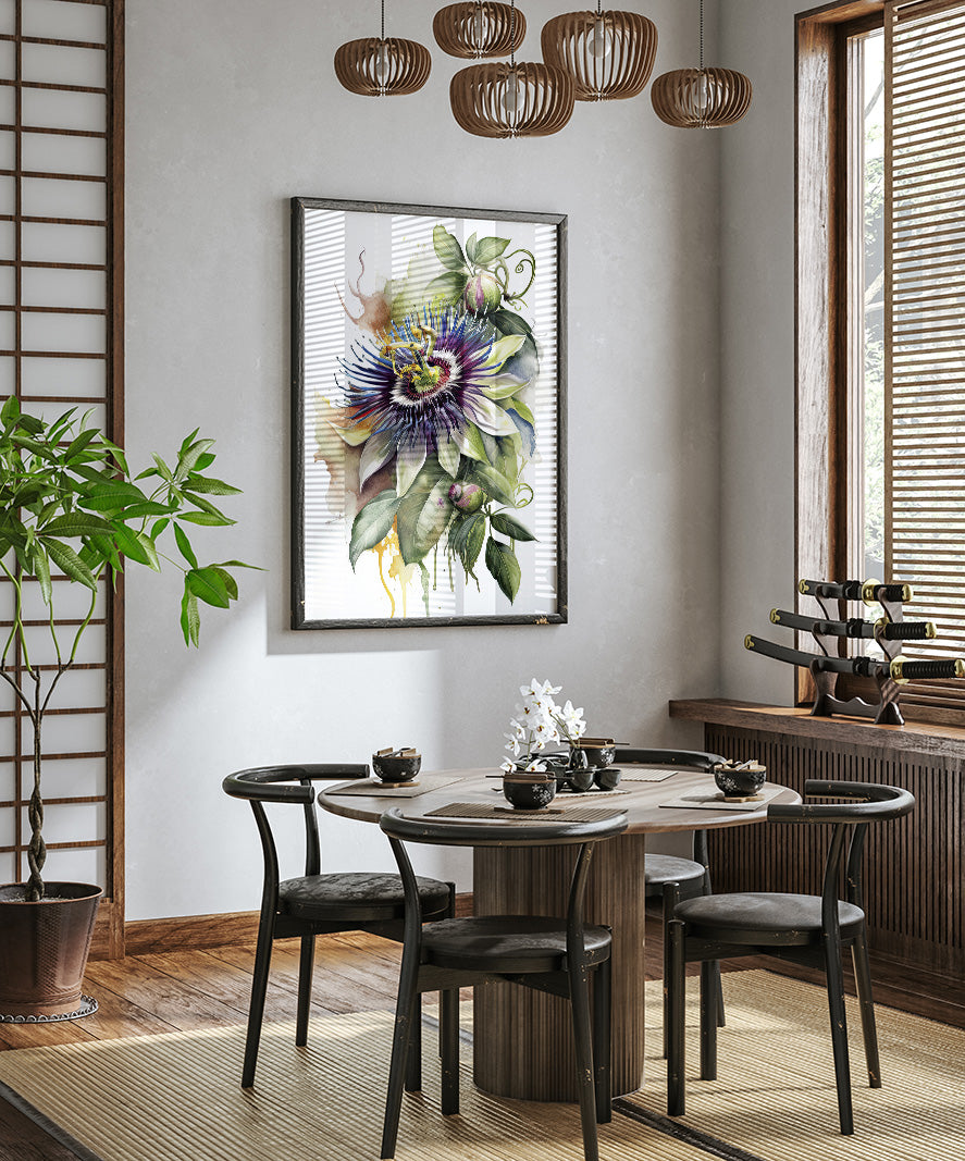 a modern dining room with a round wooden table surrounded by black chairs. A large floral painting hangs on the wall above the table, and a potted plant is placed on the left side of the room. The room has a minimalist and elegant design, with a wooden floor and a large window providing natural light.