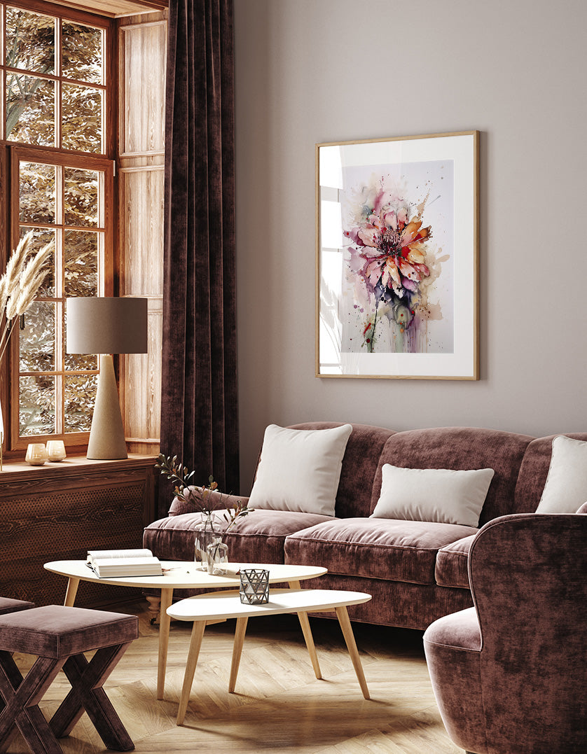 a cozy living room with a large window, a plush couch, a coffee table, and a framed watercolor painting on the wall.