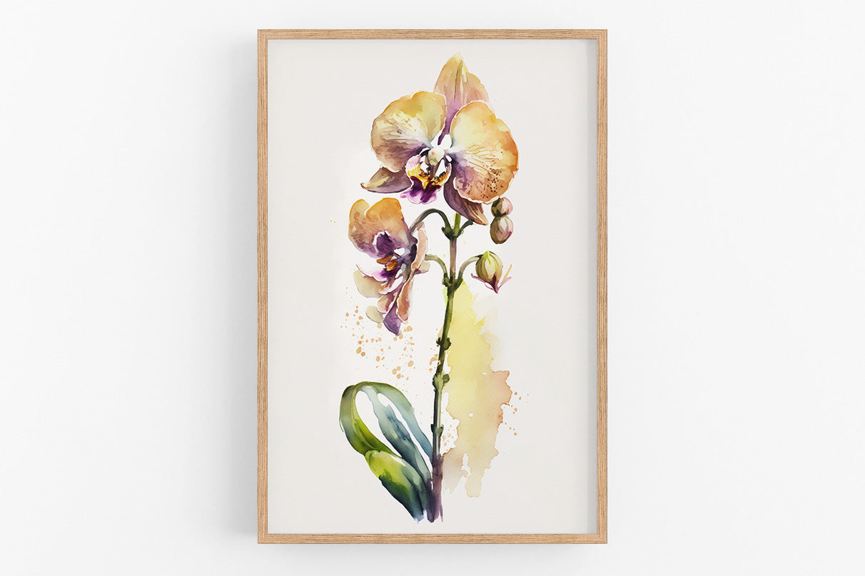 The image is a framed watercolor painting of a vibrant orchid flower with yellow and purple petals, surrounded by green leaves.
