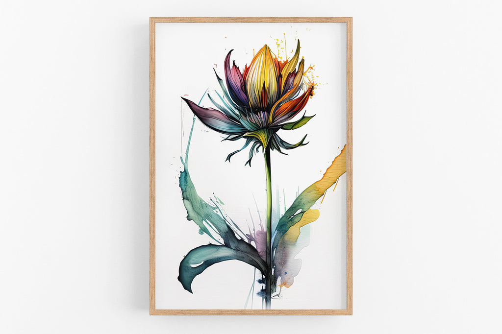 The image is a framed print depicting a vibrant, colorful flower with a large, multi-colored bloom.