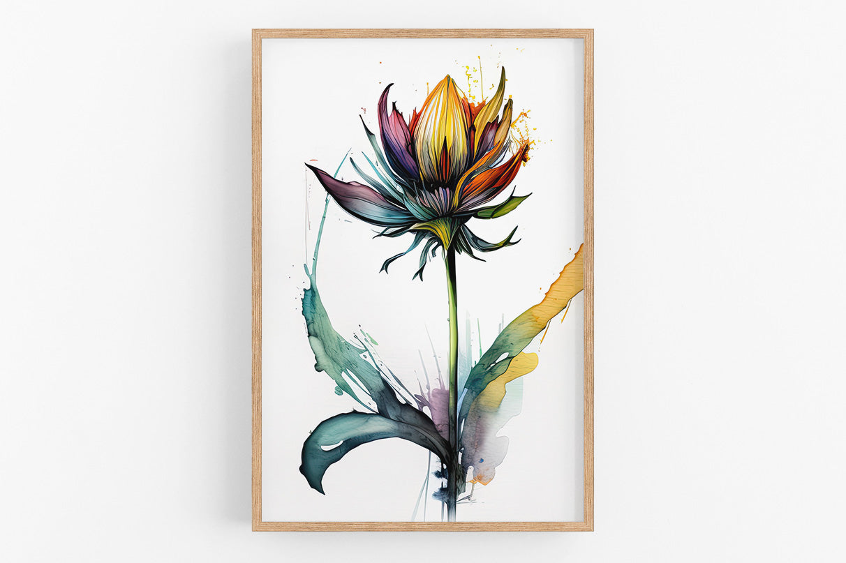 The image is a framed print depicting a vibrant, colorful flower with a large, multi-colored bloom.