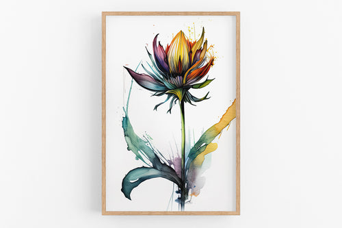 The image is a framed print depicting a vibrant, colorful flower with a large, multi-colored bloom.