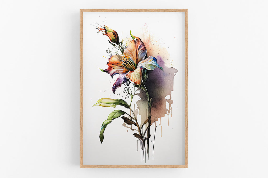 The image is a framed painting depicting a vibrant, colorful flower with intricate details and a watercolor effect.