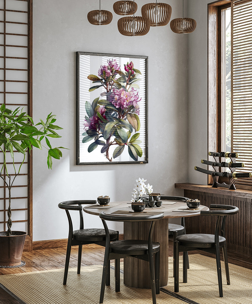 a modern dining room with a round wooden table surrounded by black chairs. A large floral painting hangs on the wall above the table, and a chandelier hangs from the ceiling. The room is decorated with various plants and other decorative elements, creating a cozy and inviting atmosphere.