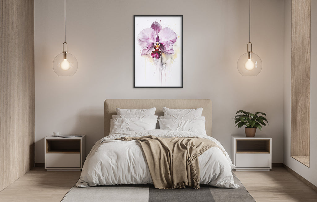 a serene and modern bedroom with a large bed, white bedding, and a framed painting of a purple orchid hanging above it. The room is illuminated by two pendant lights, creating a warm and inviting atmosphere.